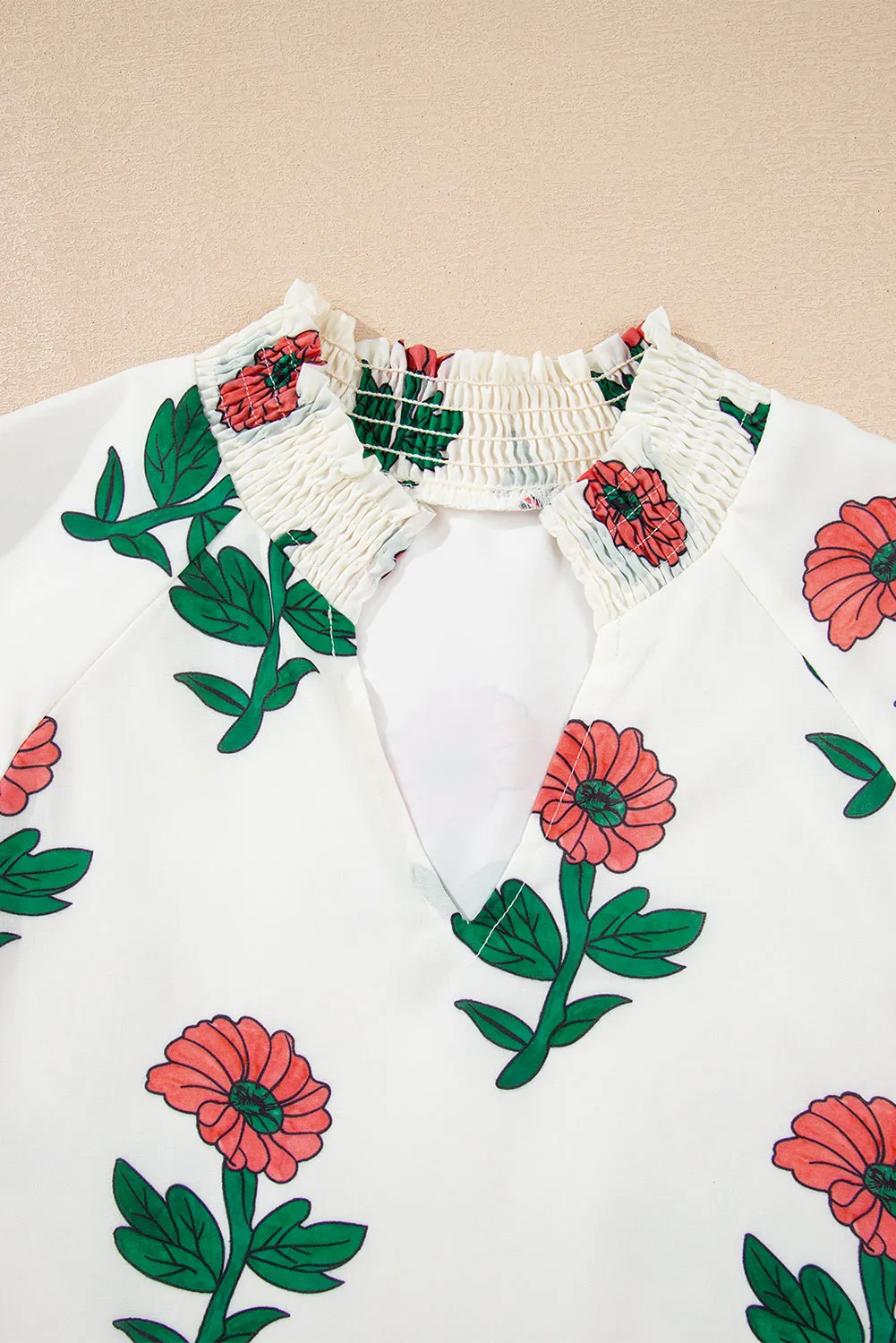 Beige Floral Print Shirred Split Neck Short Sleeve Blouse sold by Beagle Boutique product image thumbnail 5