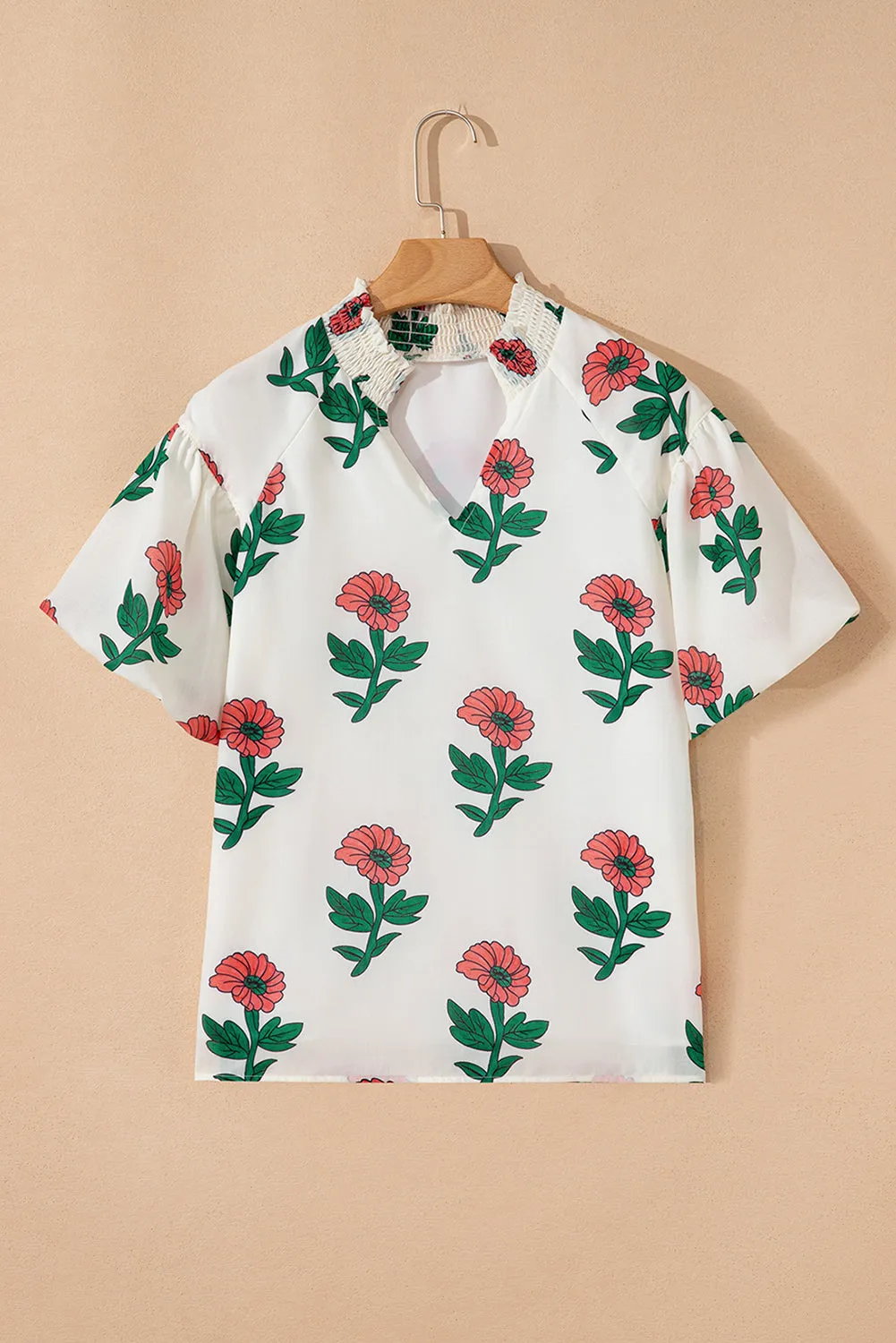 Beige Floral Print Shirred Split Neck Short Sleeve Blouse sold by Beagle Boutique product image thumbnail 3