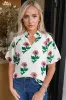 Beige Floral Print Shirred Split Neck Short Sleeve Blouse sold by Beagle Boutique