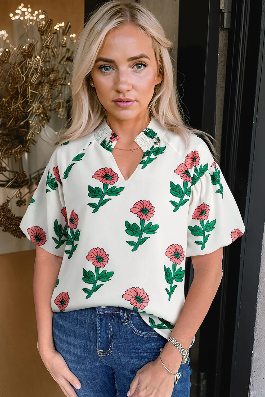 Beige Floral Print Shirred Split Neck Short Sleeve Blouse sold by Beagle Boutique product image thumbnail 2