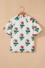 Beige Floral Print Shirred Split Neck Short Sleeve Blouse sold by Beagle Boutique