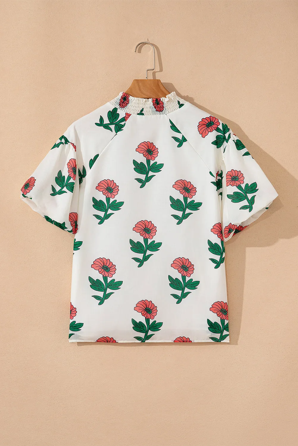 Beige Floral Print Shirred Split Neck Short Sleeve Blouse sold by Beagle Boutique product image thumbnail 4