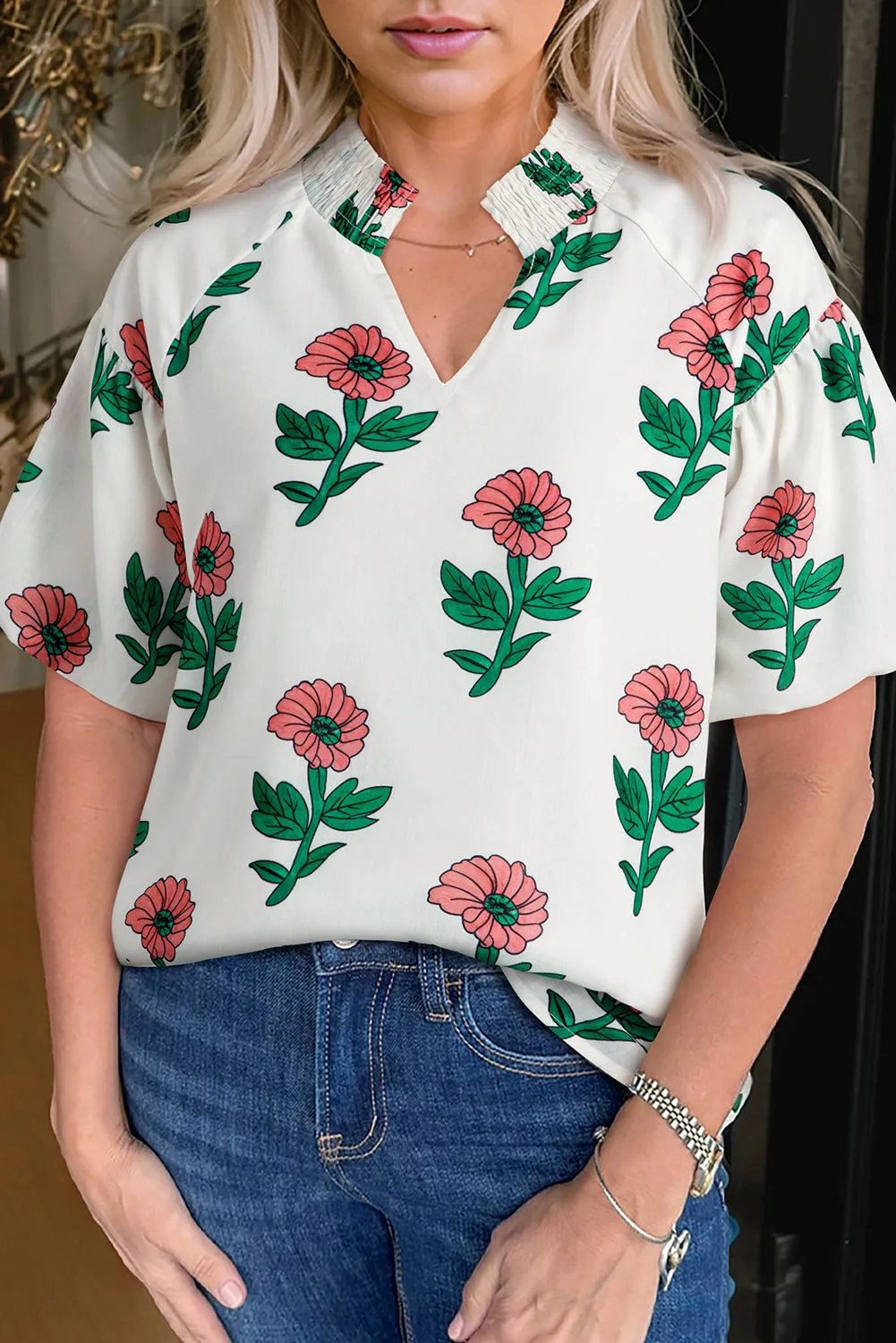 Beige Floral Print Shirred Split Neck Short Sleeve Blouse sold by Beagle Boutique