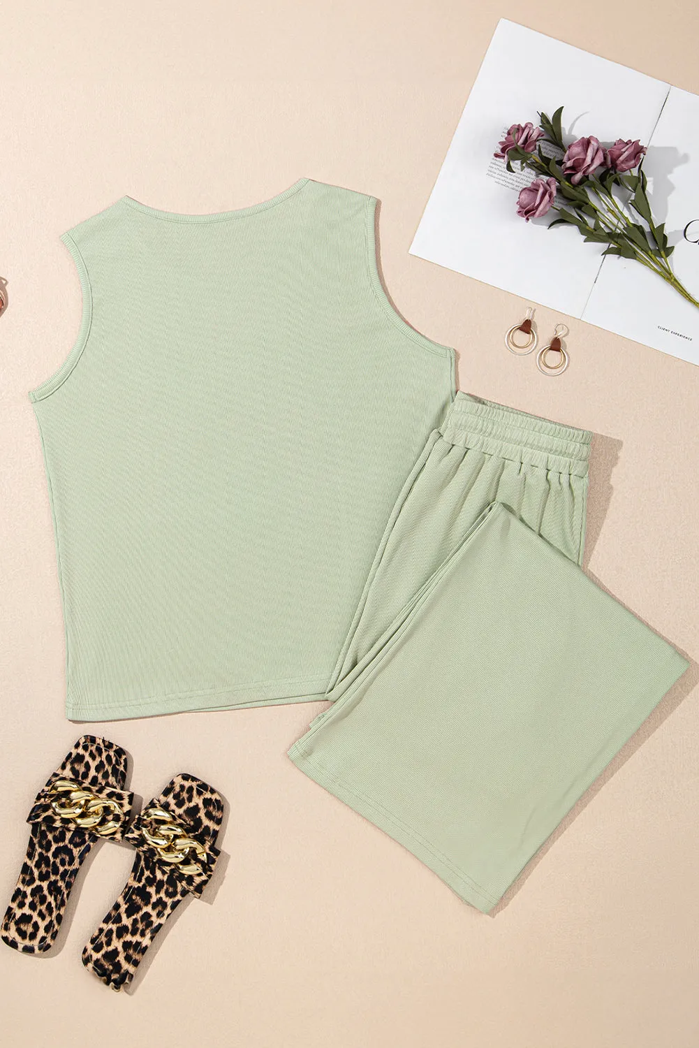 Green Textured Tank Top and Drawstring High Waist Trousers Co-ord Set sold by Beagle Boutique product image thumbnail 5