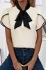 Bow Knot Neckline Contrast Stripe Short Sleeve Blouse sold by Beagle Boutique