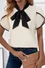 Bow Knot Neckline Contrast Stripe Short Sleeve Blouse sold by Beagle Boutique