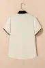 Bow Knot Neckline Contrast Stripe Short Sleeve Blouse sold by Beagle Boutique