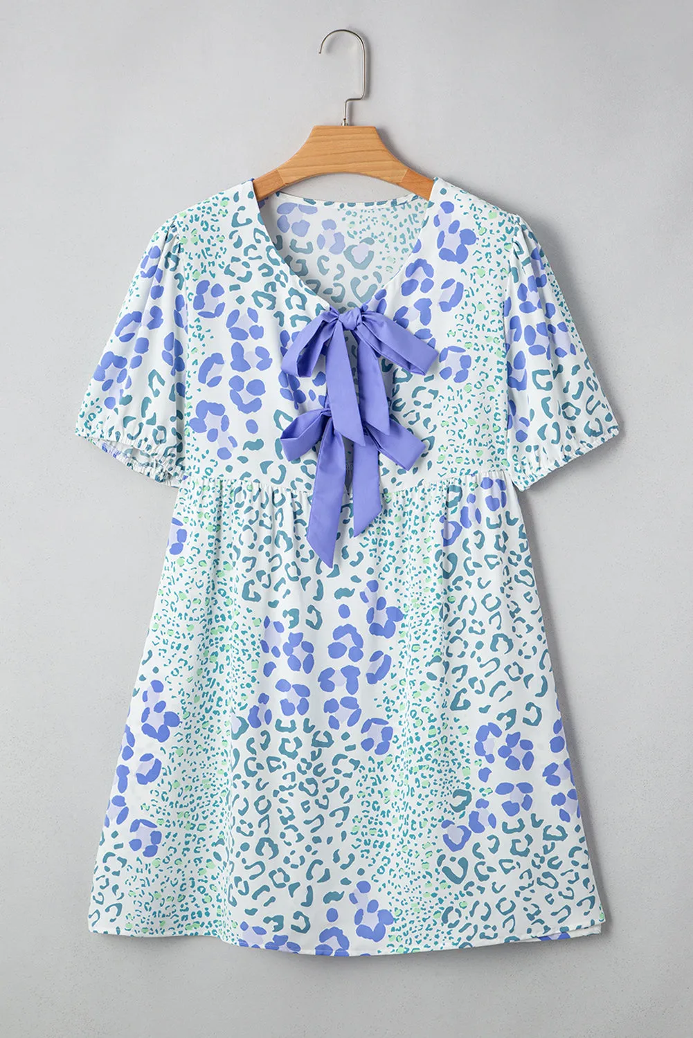 Blue Leopard Contrast Bow Puff Sleeve Mini Dress sold by Beagle Boutique product image thumbnail 3