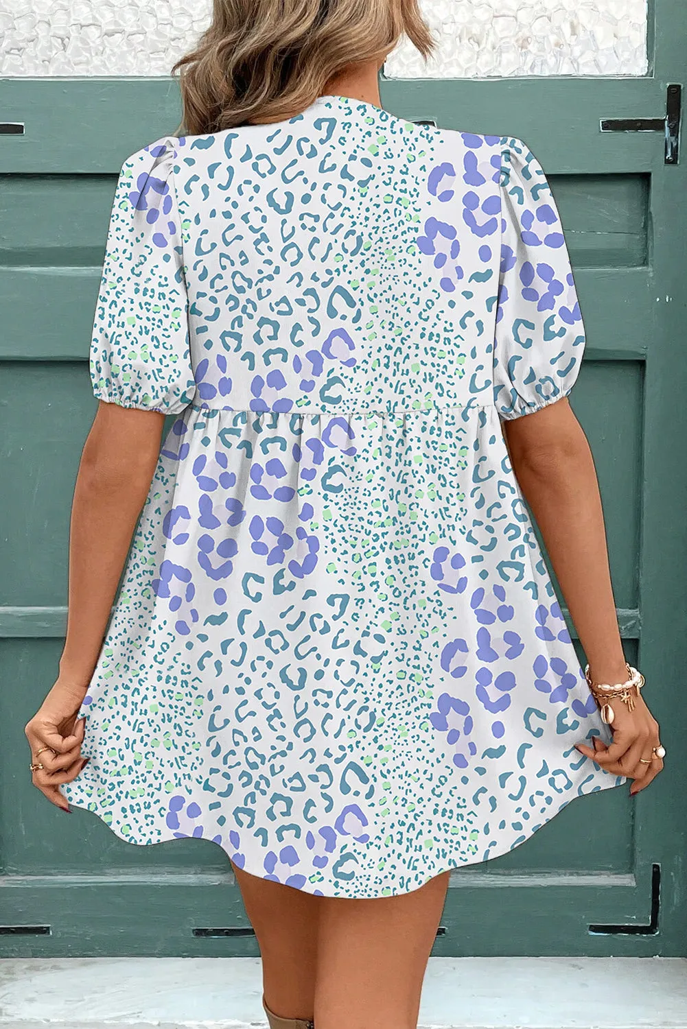 Blue Leopard Contrast Bow Puff Sleeve Mini Dress sold by Beagle Boutique product image thumbnail 2