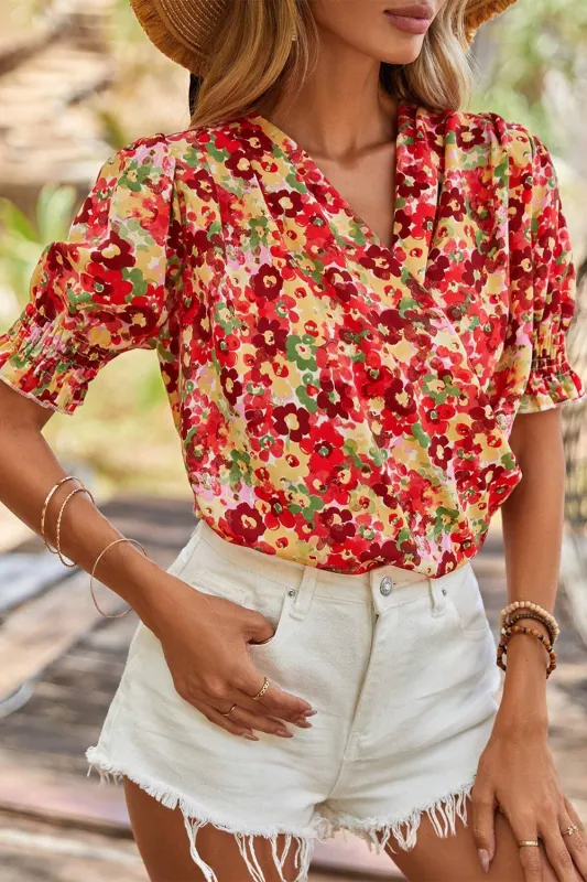 Floral Bubble Sleeve Pleated V-Neck Wrap Blouse sold by Beagle Boutique