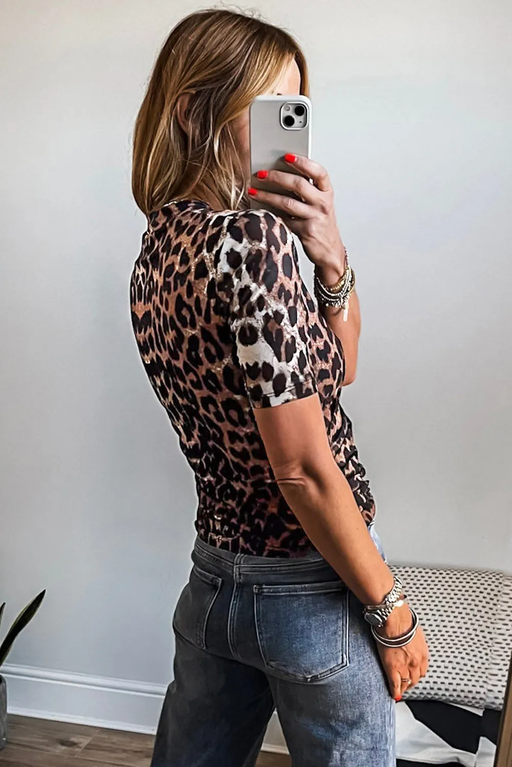 Leopard Wrapped V-Neck Slim Short Sleeve Top sold by Beagle Boutique product image thumbnail 5