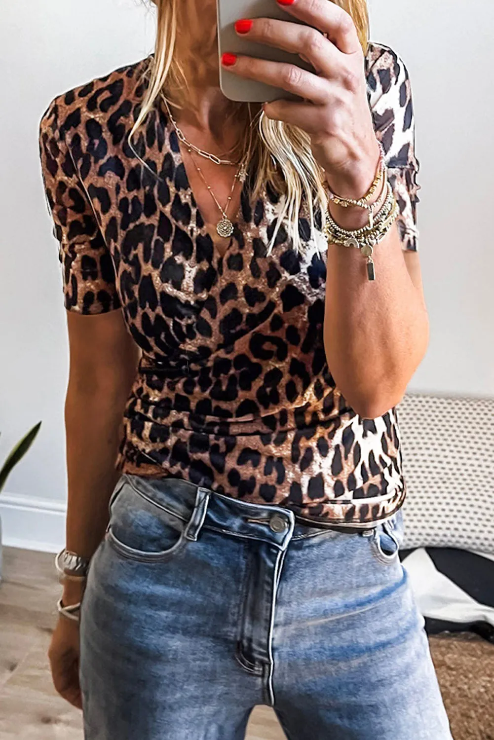 Leopard Wrapped V-Neck Slim Short Sleeve Top sold by Beagle Boutique product image thumbnail 4
