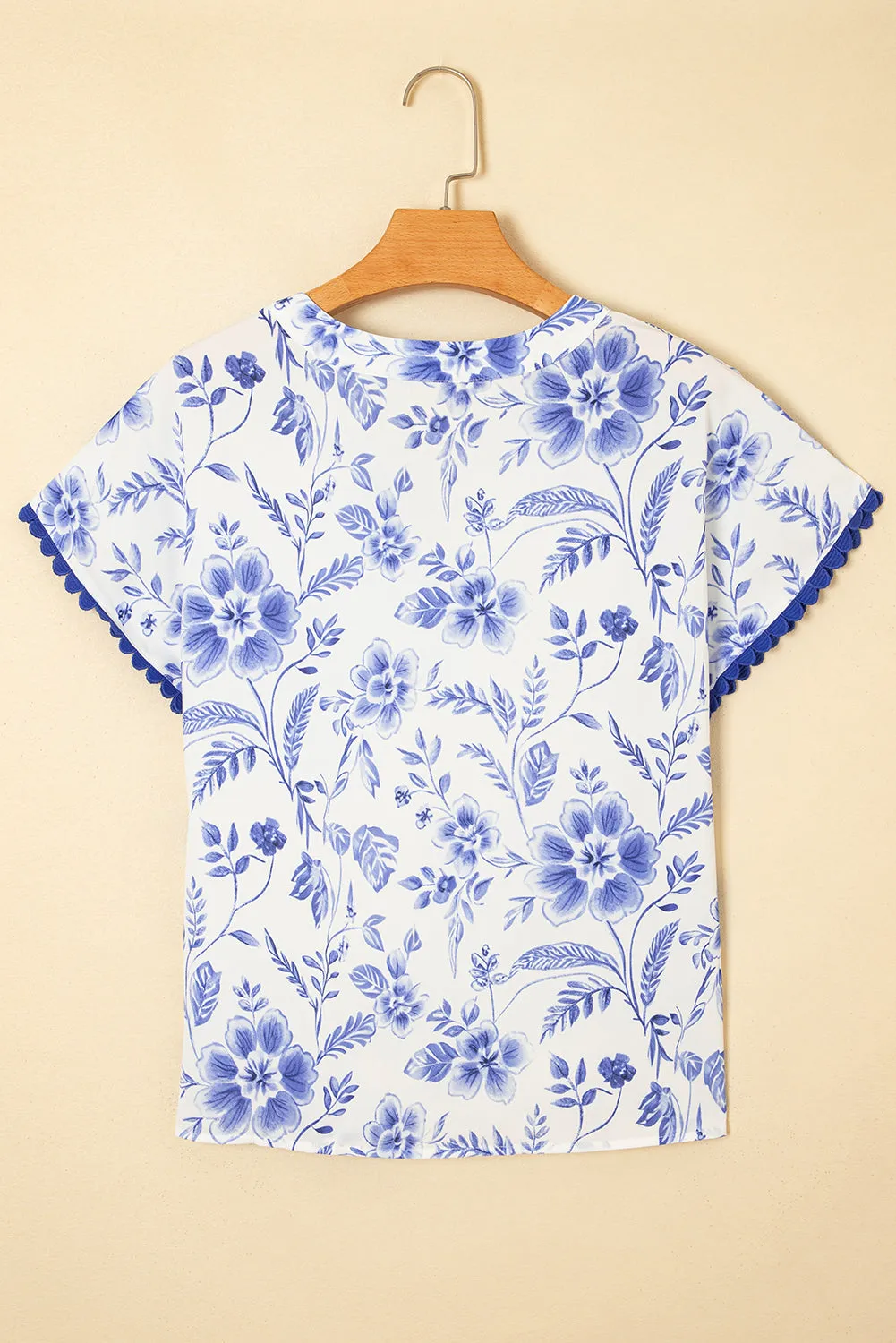 Blue Elegant Floral Print Ricrac Trim Short Sleeve Blouse sold by Beagle Boutique product image thumbnail 5