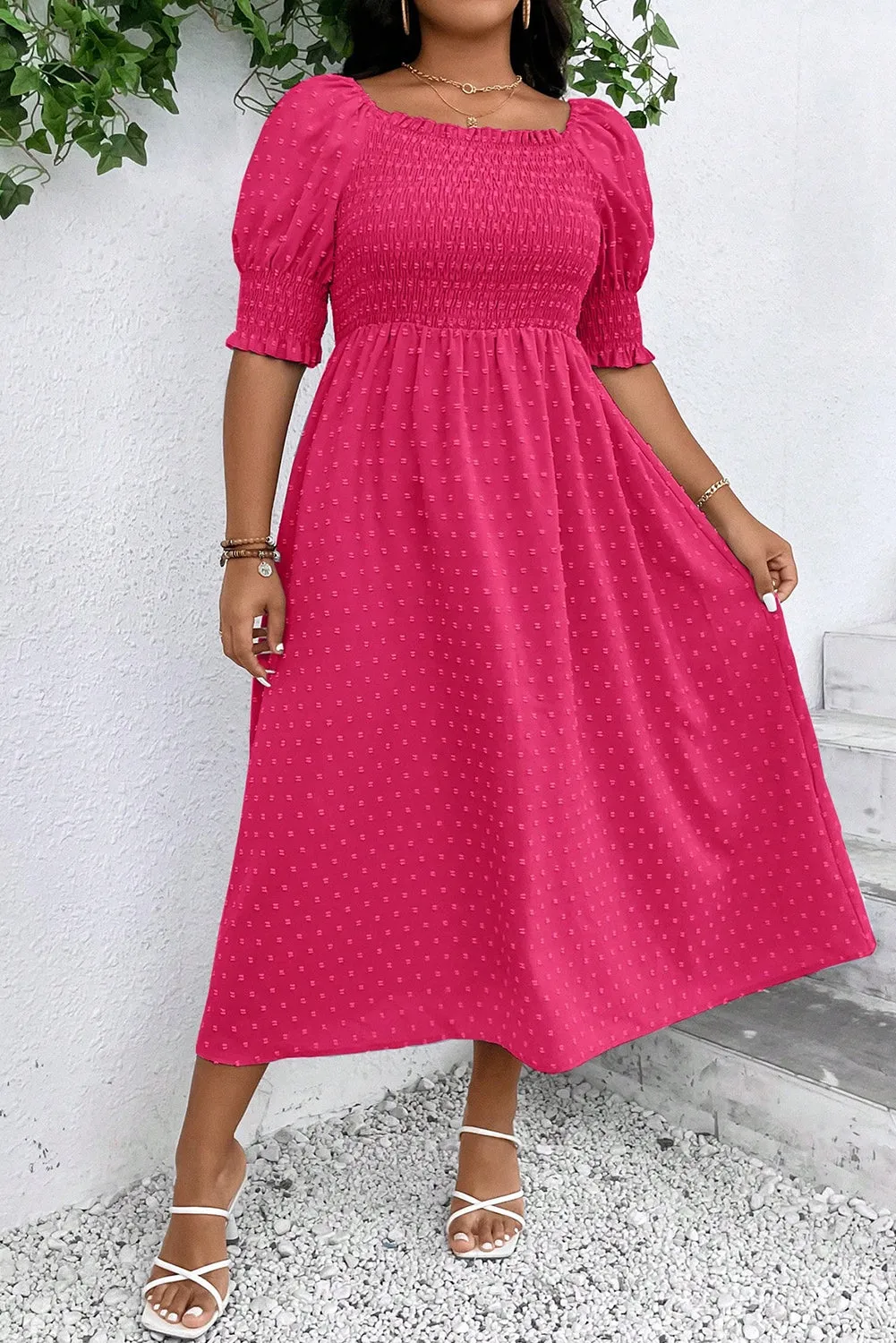 Pink Swiss Dot Smocked Ruflled Neckline Short Sleeve Plus Size Dress sold by Beagle Boutique product image thumbnail 2