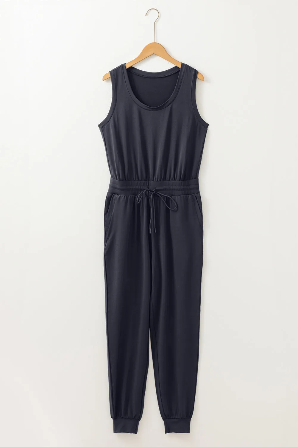 Black Casual Tank Style Tie Waist Pocketed Jogger Jumpsuit sold by Beagle Boutique product image thumbnail 4