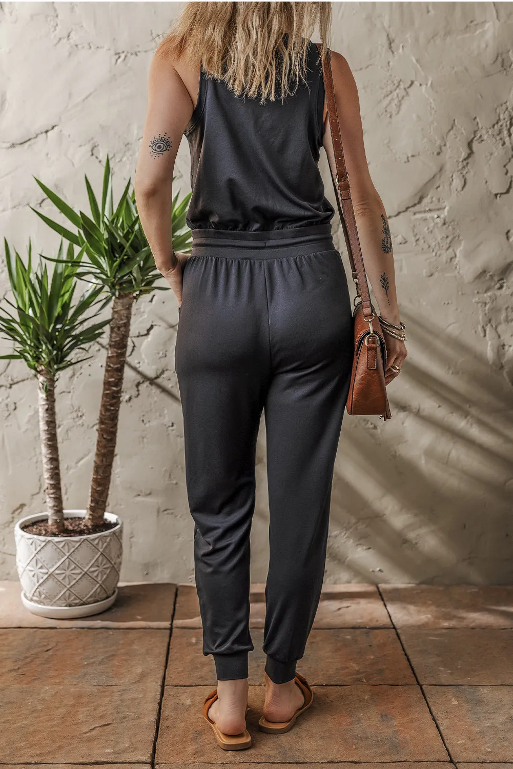 Black Casual Tank Style Tie Waist Pocketed Jogger Jumpsuit sold by Beagle Boutique product image thumbnail 2
