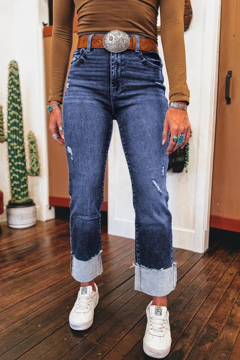 Folded Cuffs Distressed Straight High Waist Jeans sold by Beagle Boutique