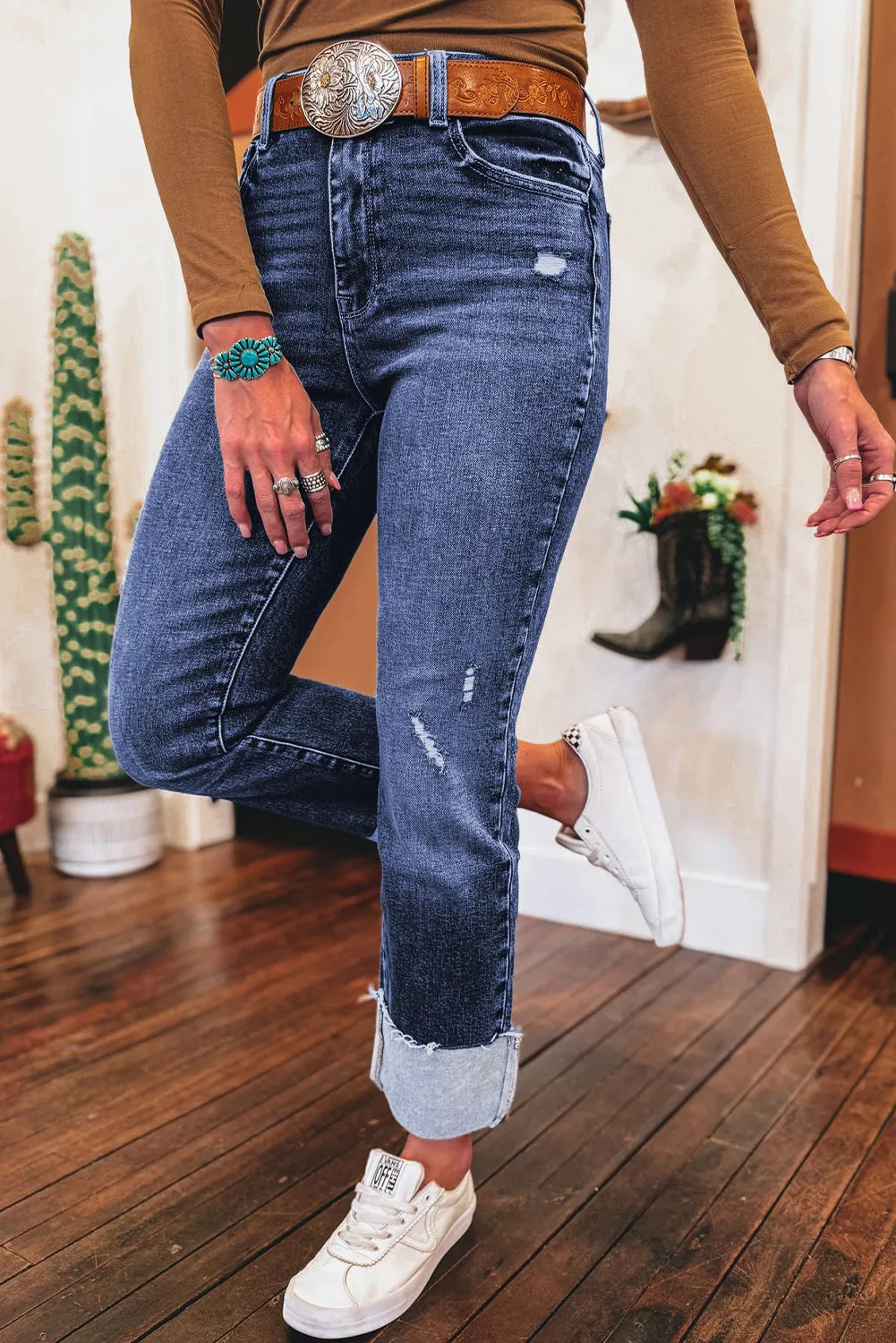 Folded Cuffs Distressed Straight High Waist Jeans sold by Beagle Boutique product image thumbnail 3