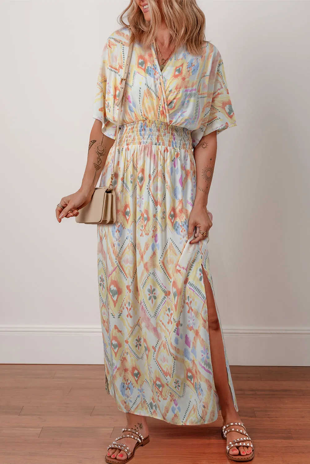 Multicolour Geometric Print Half Sleeve Shirred Maxi Dress sold by Beagle Boutique