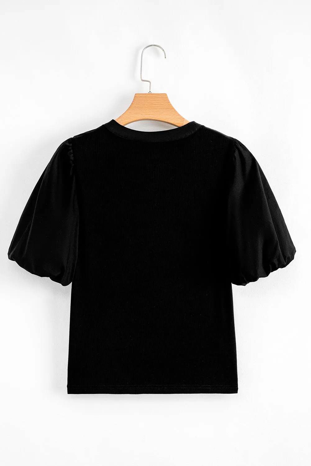 Black Ribbed Patchwork Puff Sleeve Half Button Placket Slim Fit Top sold by Beagle Boutique product image thumbnail 5