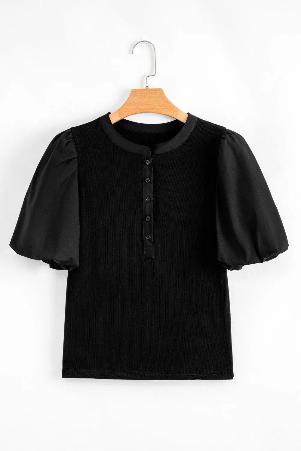 Black Ribbed Patchwork Puff Sleeve Half Button Placket Slim Fit Top sold by Beagle Boutique product image thumbnail 4