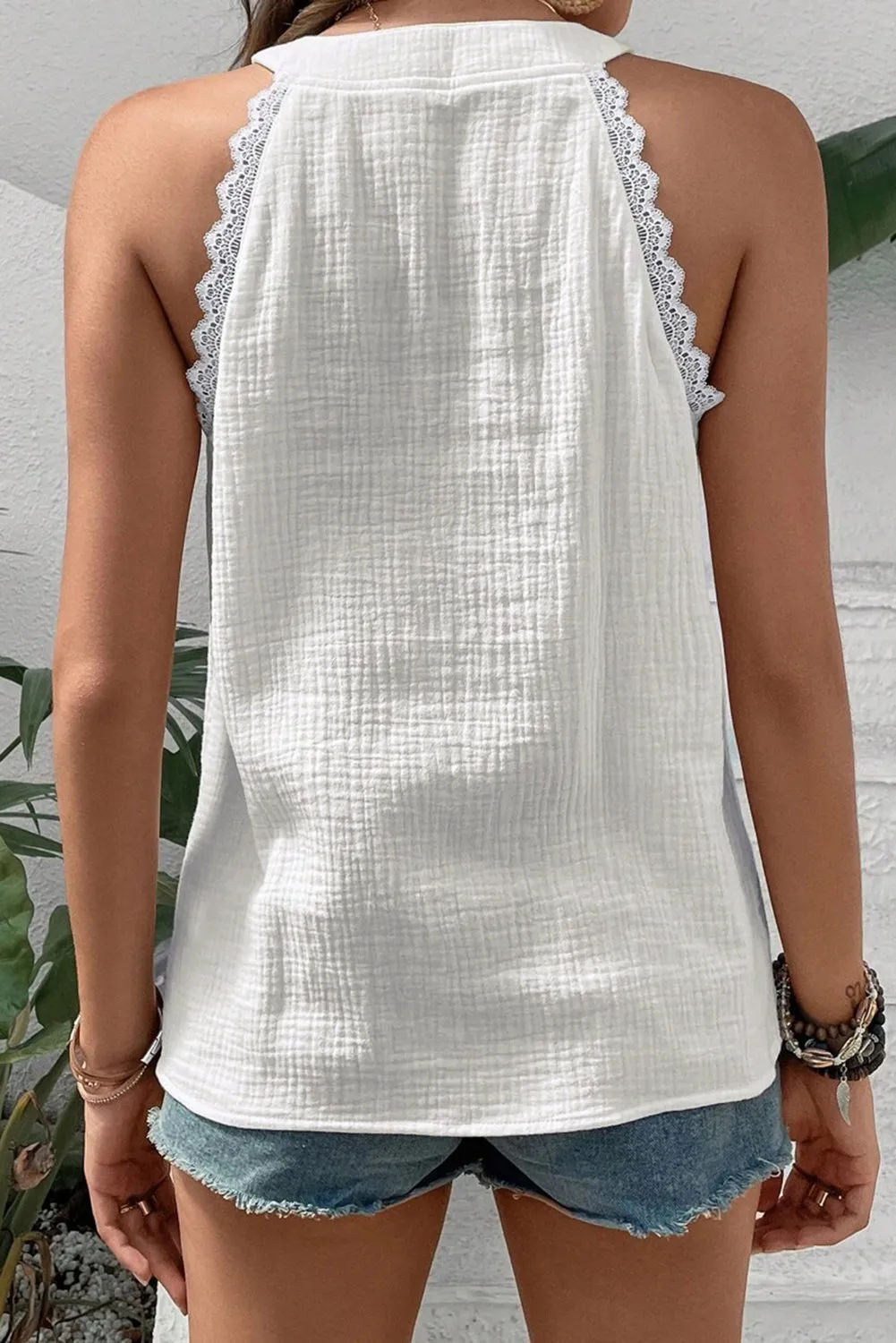 White Textured Lace Trim Pure Cotton Sleeveless Top sold by Beagle Boutique product image thumbnail 2