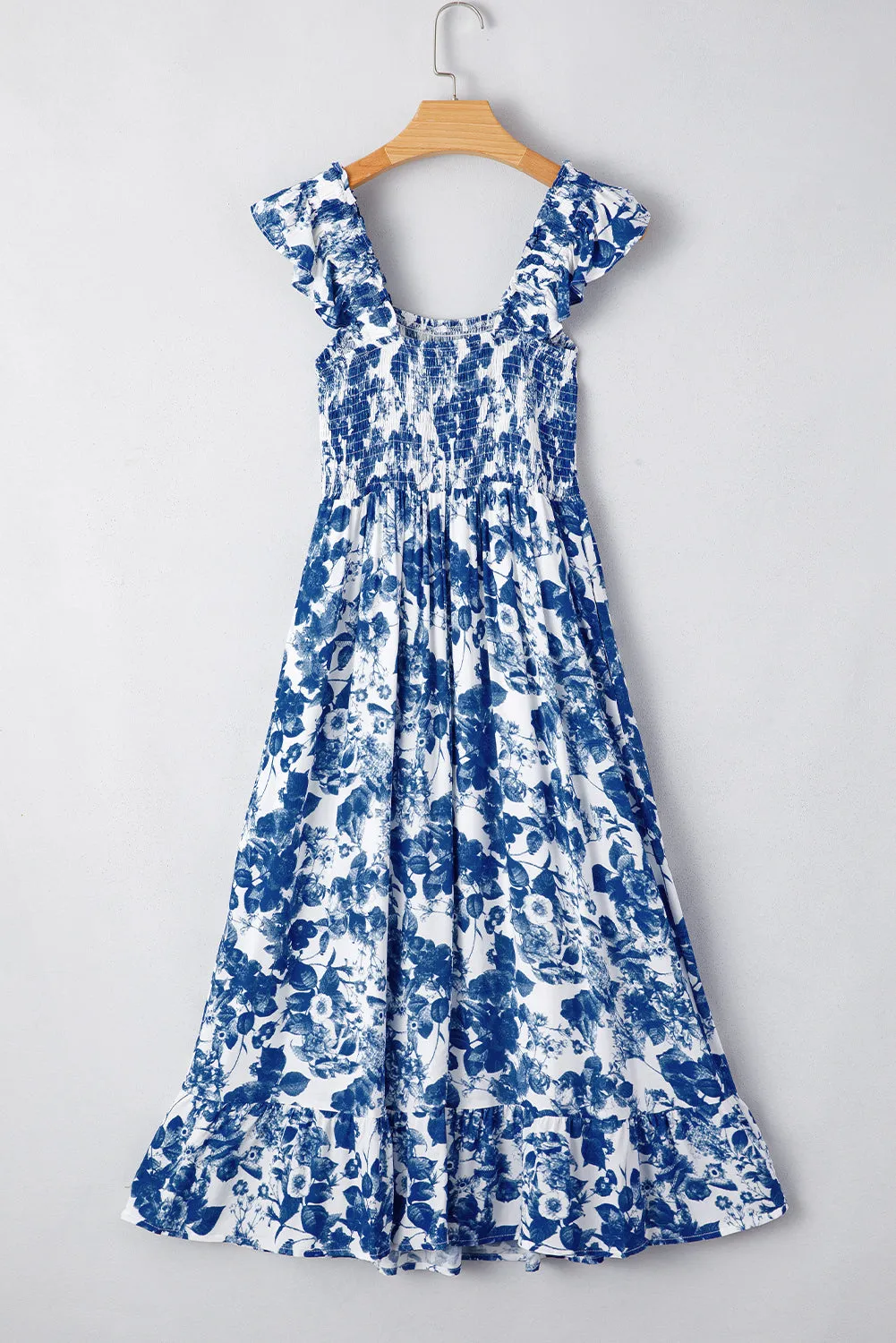 Blue Floral Ruffle Strap Square Neck Smocked Bodice Midi Dress sold by Beagle Boutique product image thumbnail 5