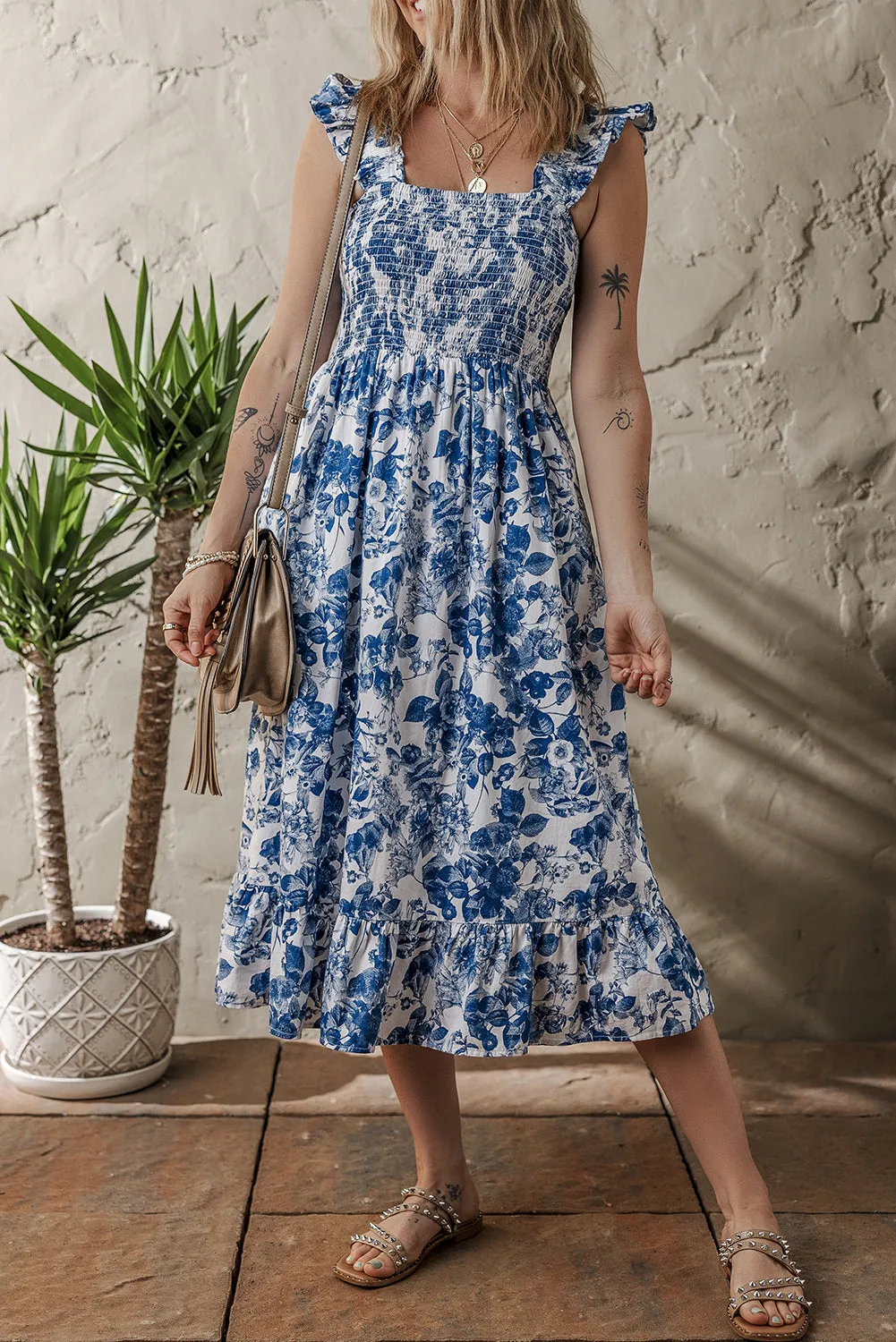 Blue Floral Ruffle Strap Square Neck Smocked Bodice Midi Dress sold by Beagle Boutique product image thumbnail 3