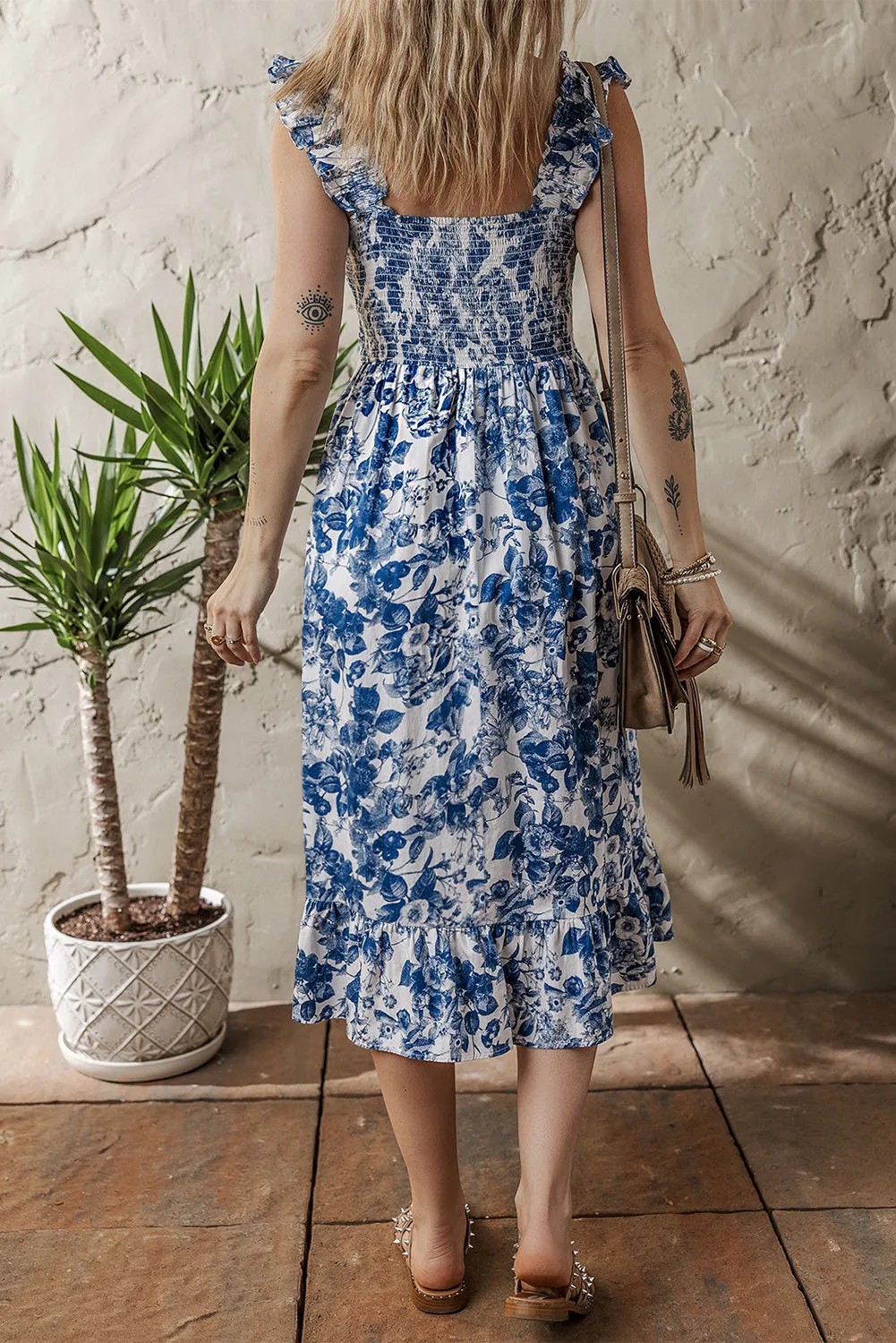 Blue Floral Ruffle Strap Square Neck Smocked Bodice Midi Dress sold by Beagle Boutique product image thumbnail 2