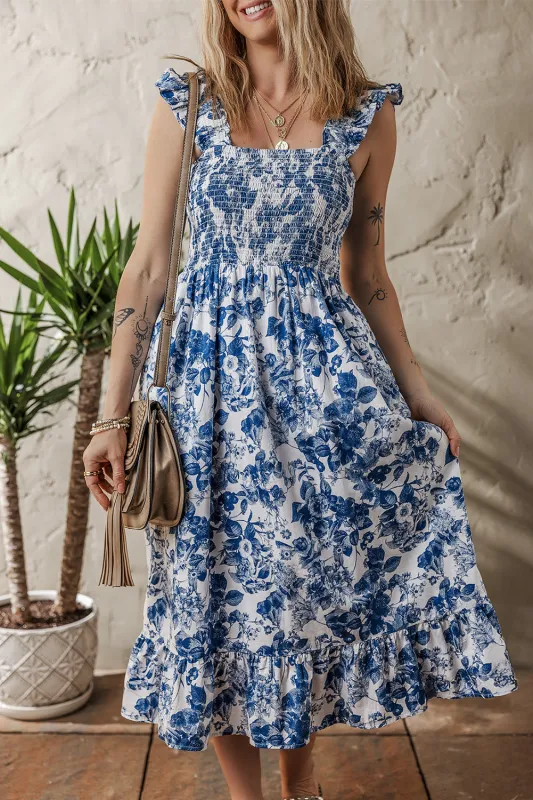 Blue Floral Ruffle Strap Square Neck Smocked Bodice Midi Dress sold by Beagle Boutique