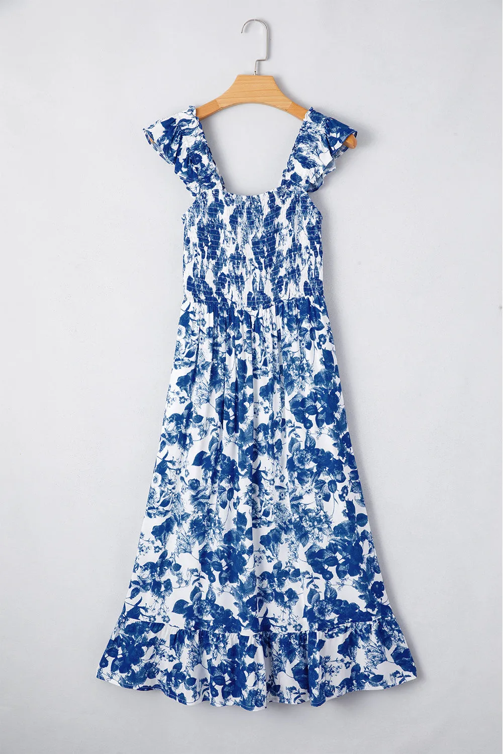 Blue Floral Ruffle Strap Square Neck Smocked Bodice Midi Dress sold by Beagle Boutique product image thumbnail 4