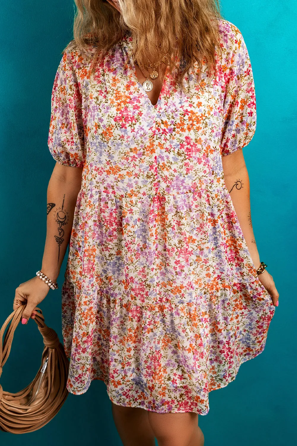 Red Floral Puff Sleeve V-Neck Tiered Mini Dress sold by Beagle Boutique product image thumbnail 3