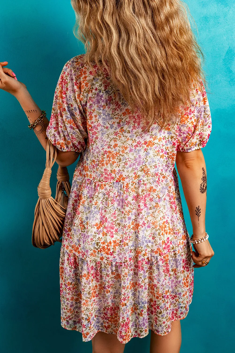 Red Floral Puff Sleeve V-Neck Tiered Mini Dress sold by Beagle Boutique product image thumbnail 2