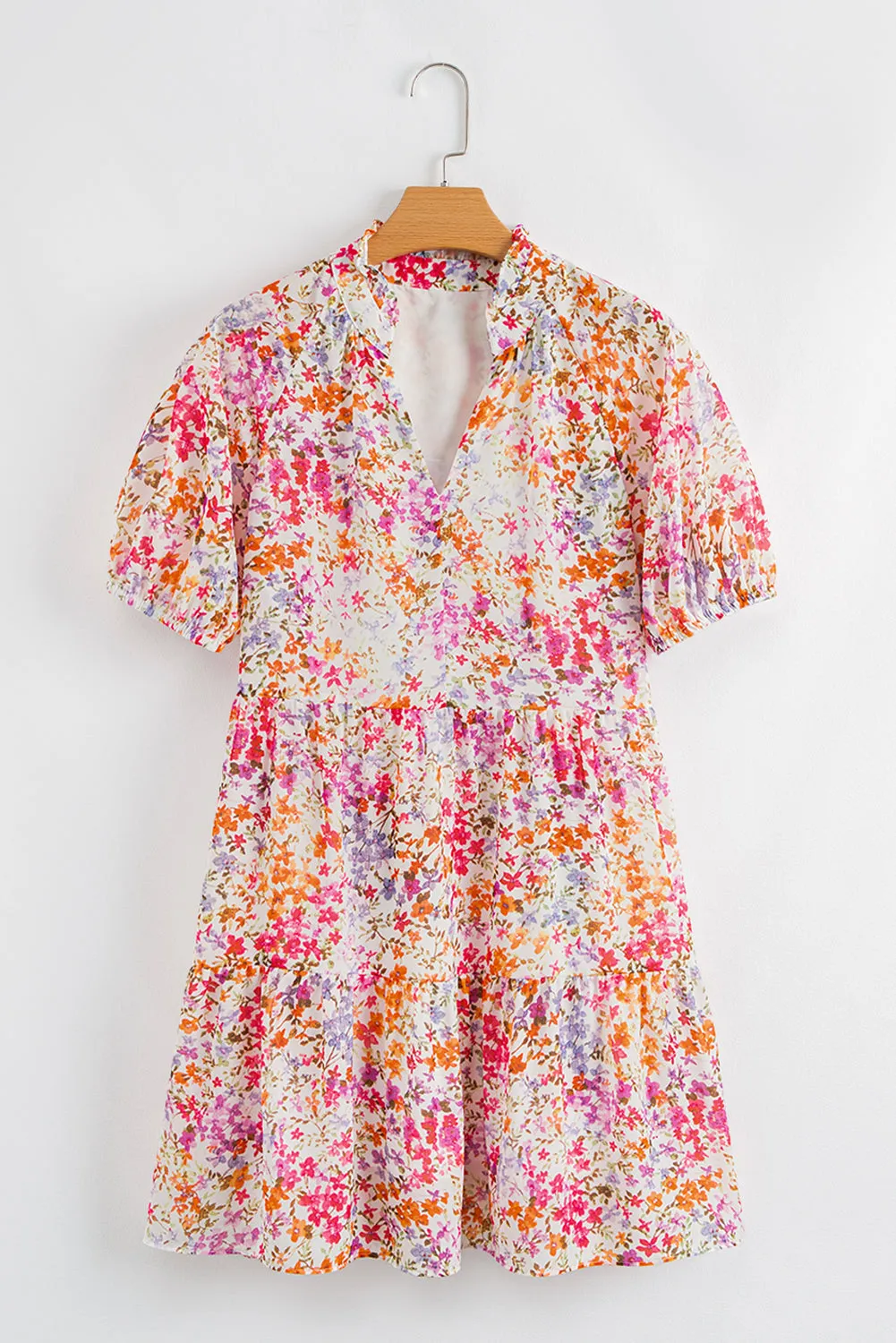 Red Floral Puff Sleeve V-Neck Tiered Mini Dress sold by Beagle Boutique product image thumbnail 4