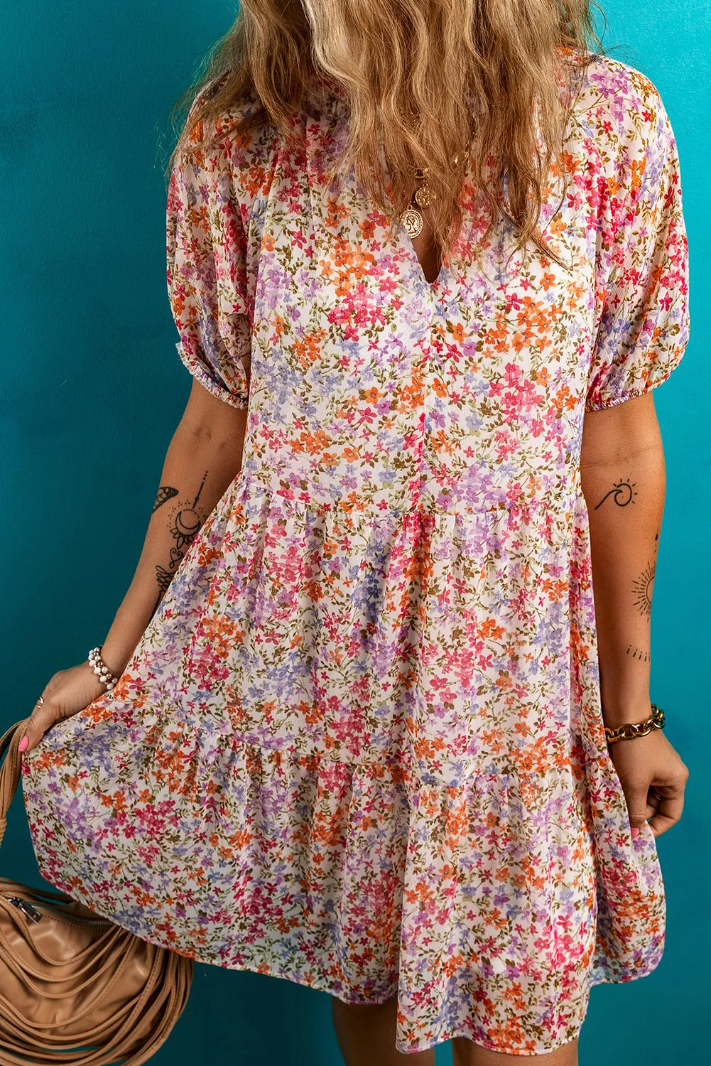 Red Floral Puff Sleeve V-Neck Tiered Mini Dress sold by Beagle Boutique