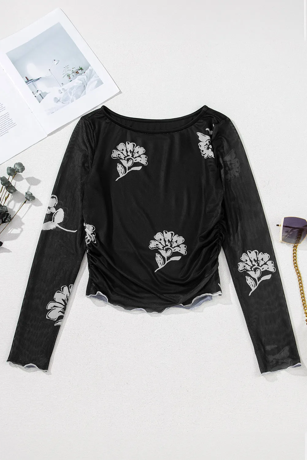 Black Floral Print Sleek Bodice Mesh Long Sleeve Top sold by Beagle Boutique product image thumbnail 5