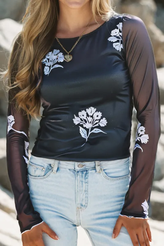 Black Floral Print Sleek Bodice Mesh Long Sleeve Top sold by Beagle Boutique