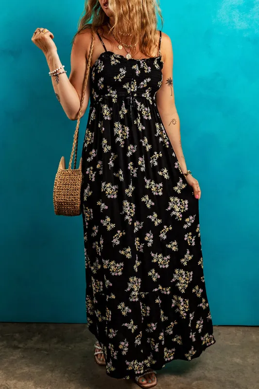 Black Floral Spaghetti Strap Shirred Bodice Tied Empire Waist Maxi Dress sold by Beagle Boutique