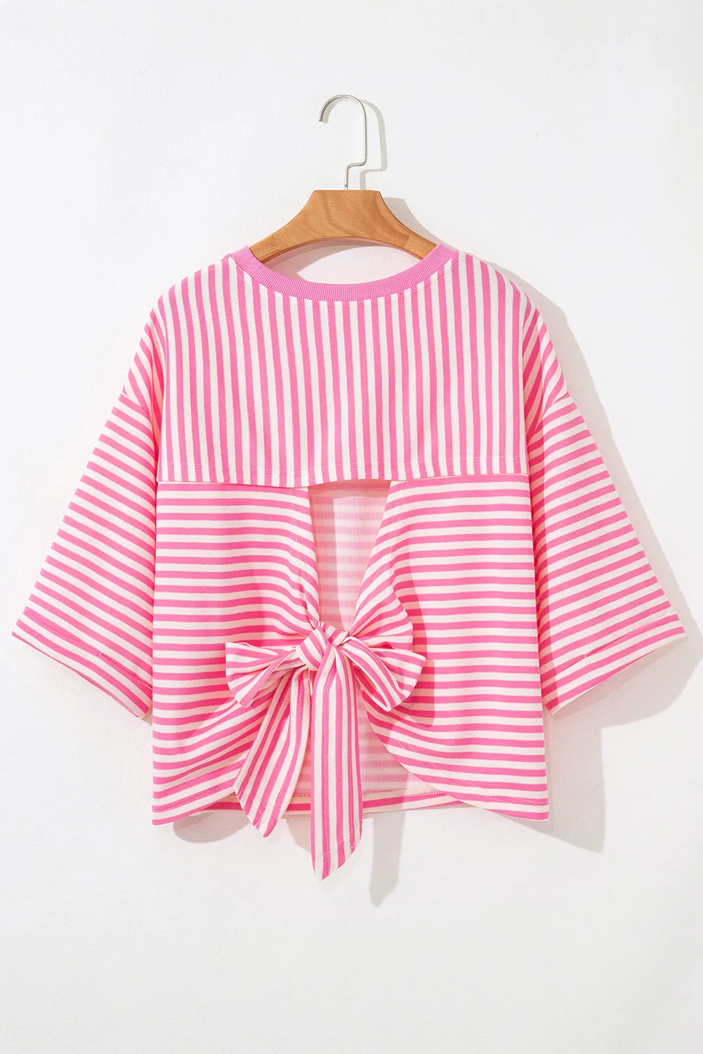 Pink Stripe Bowknot Cutout Back Drop Shoulder Wide Bracelet Sleeve Loose Tee sold by Beagle Boutique product image thumbnail 5