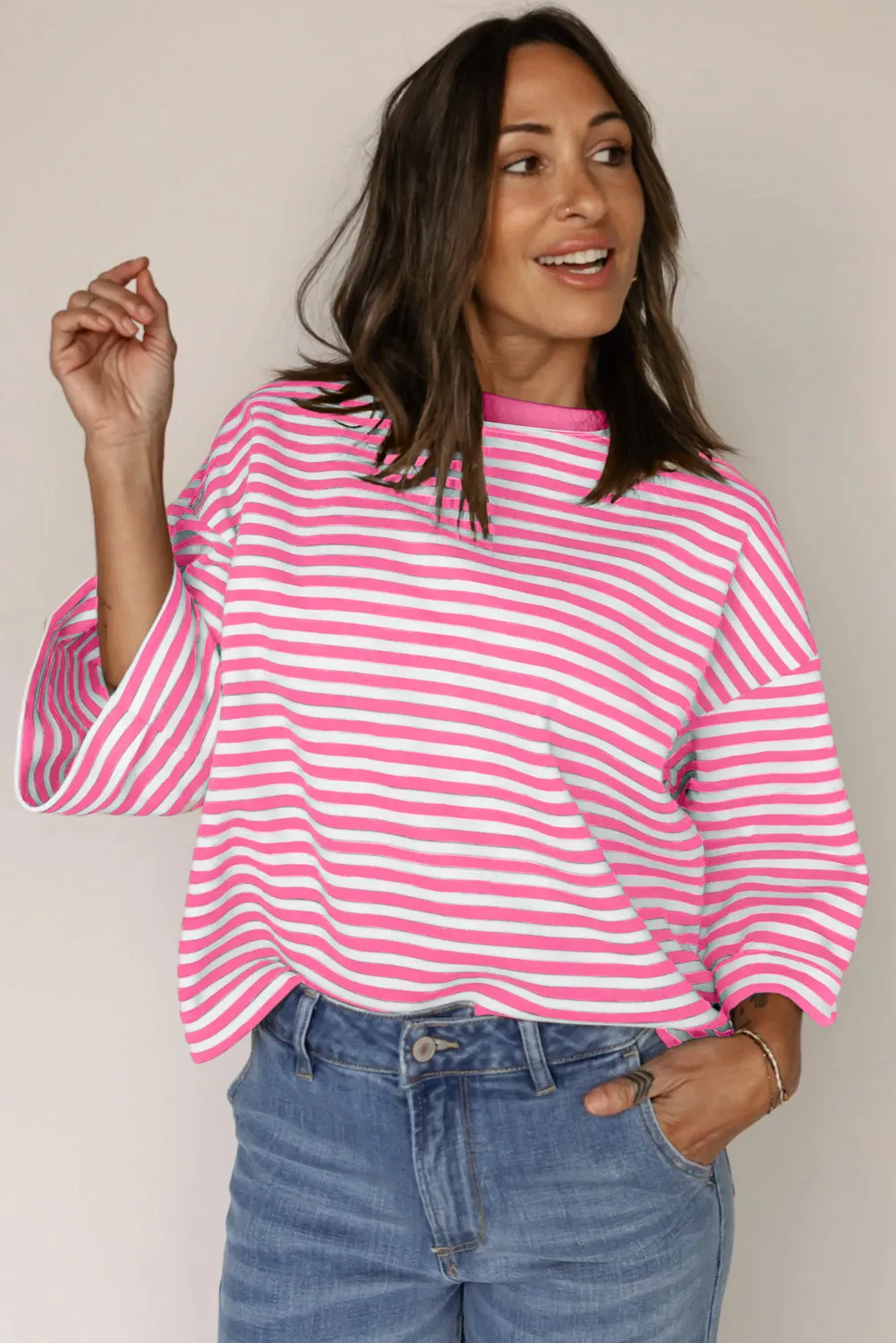 Pink Stripe Bowknot Cutout Back Drop Shoulder Wide Bracelet Sleeve Loose Tee sold by Beagle Boutique product image thumbnail 3