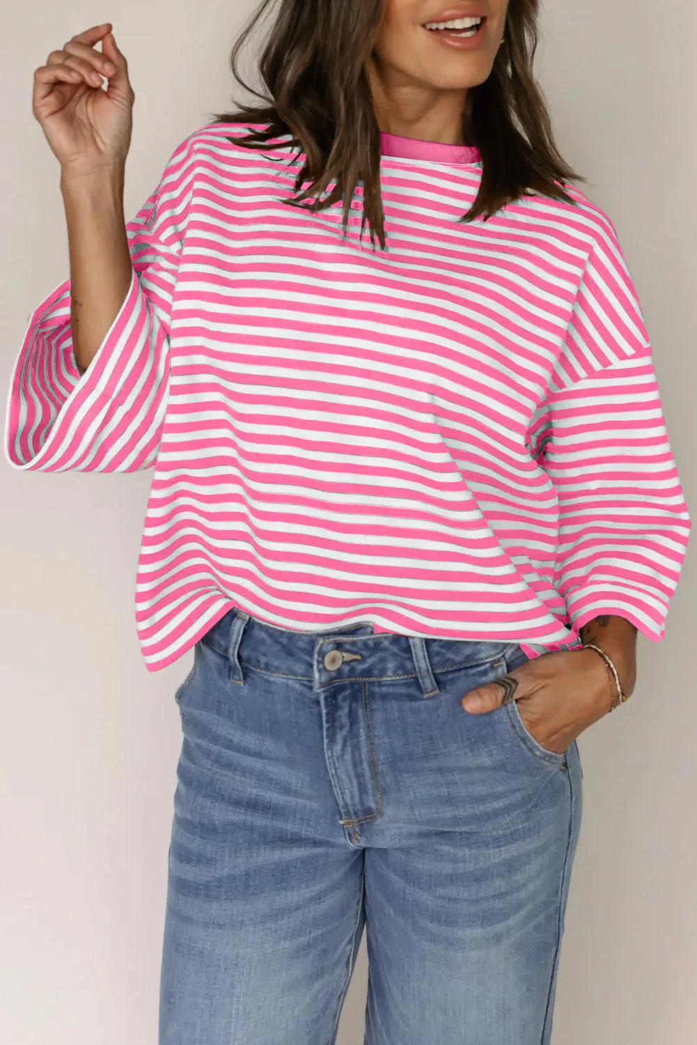 Pink Stripe Bowknot Cutout Back Drop Shoulder Wide Bracelet Sleeve Loose Tee sold by Beagle Boutique product image thumbnail 2