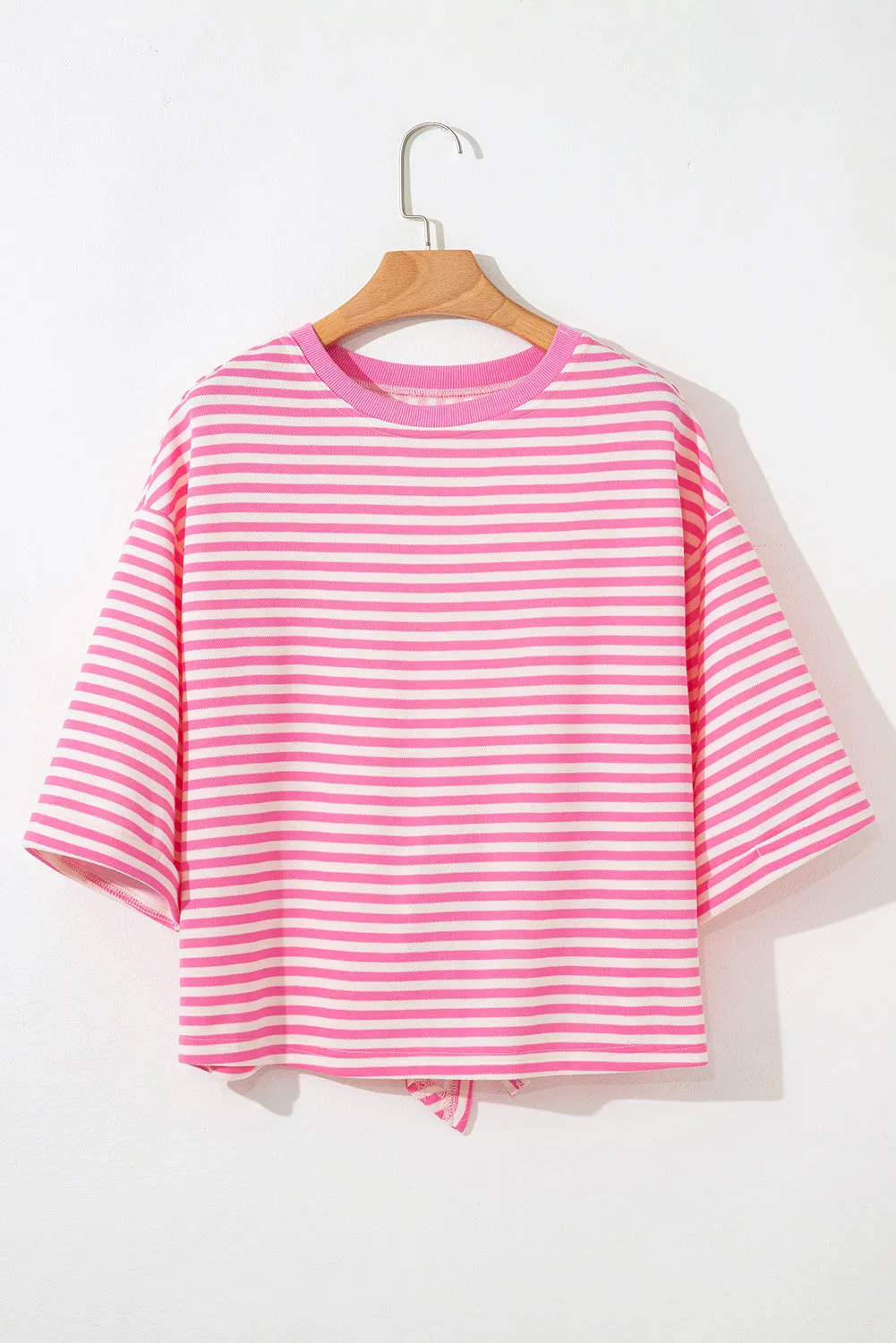 Pink Stripe Bowknot Cutout Back Drop Shoulder Wide Bracelet Sleeve Loose Tee sold by Beagle Boutique product image thumbnail 4