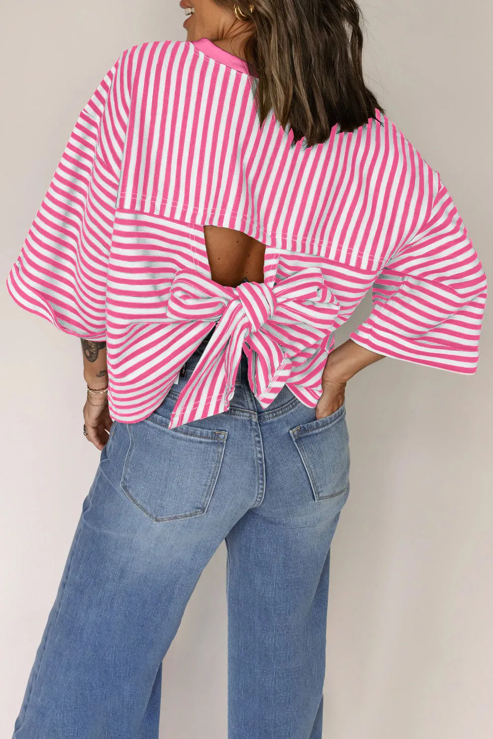 Pink Stripe Bowknot Cutout Back Drop Shoulder Wide Bracelet Sleeve Loose Tee sold by Beagle Boutique