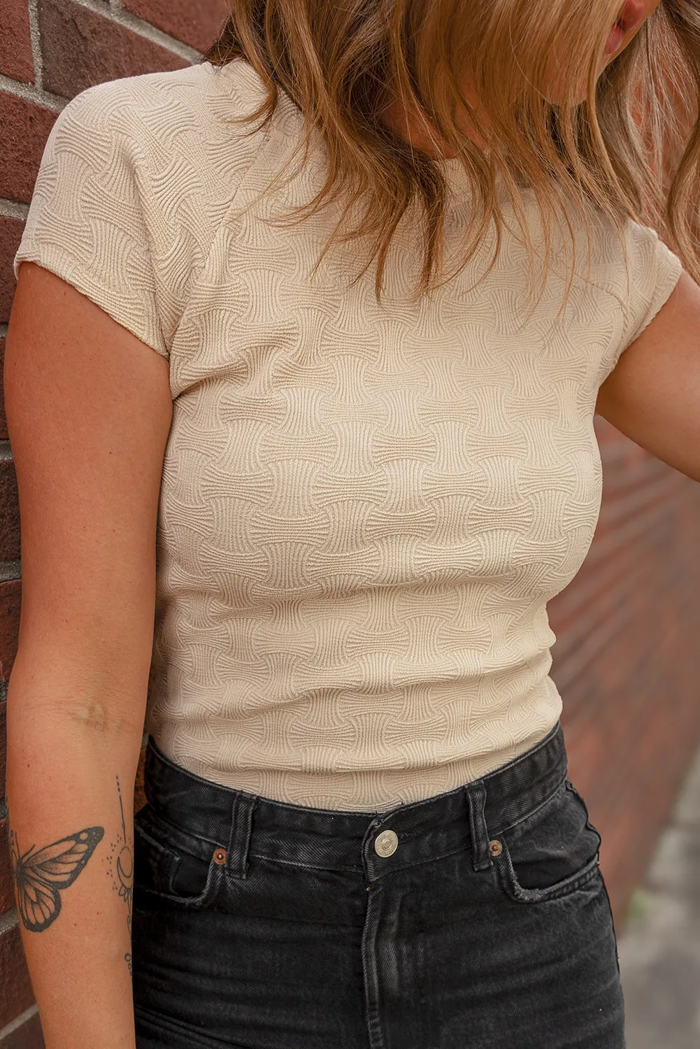 Beige Textured Crew Neck Cap Sleeve Slim Stretchy T-Shirt sold by Beagle Boutique product image thumbnail 3