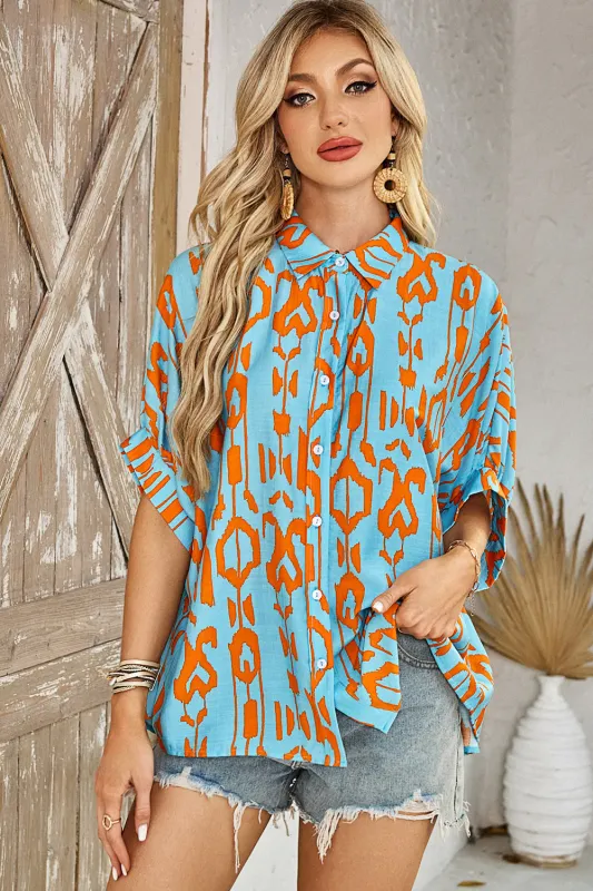 Sky Blue Abstract Print Dolman Short Sleeve Western Loose Shirt sold by Beagle Boutique