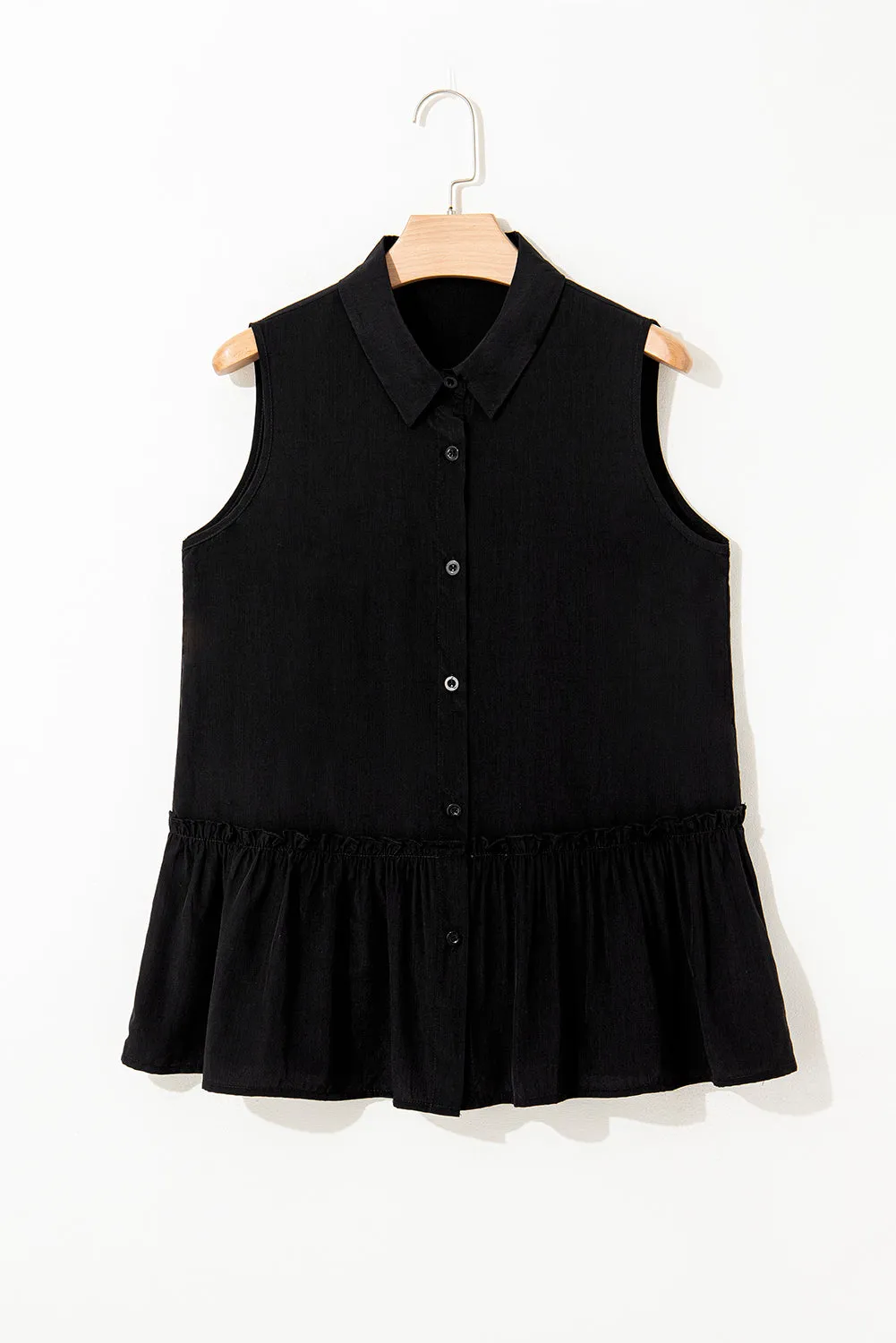 Black Sleeveless Buttoned Front Ruffle Hem Tunic Shirt sold by Beagle Boutique product image thumbnail 5
