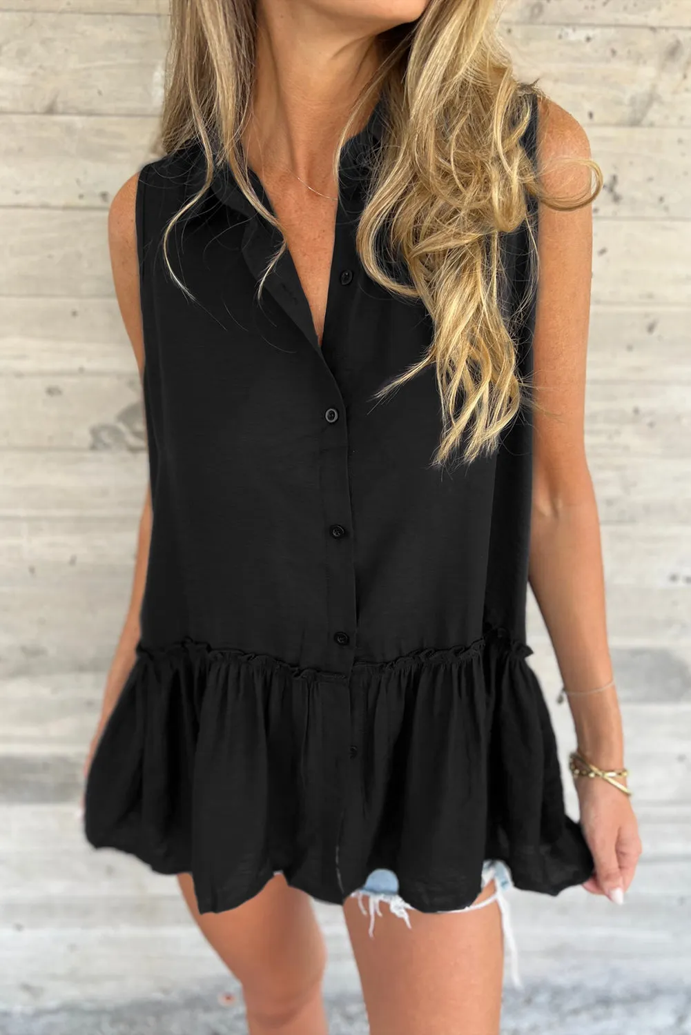 Black Sleeveless Buttoned Front Ruffle Hem Tunic Shirt sold by Beagle Boutique