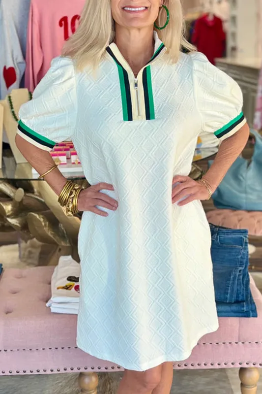 Jacquard Edge Puff Sleeve Quarter Zip Mini Dress sold by Beagle Boutique