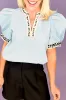 Beau Blue Contrast Leopard Trim Split Neck Puff Sleeve Blouse sold by Beagle Boutique