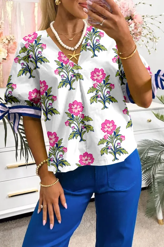 Floral Stripe Knot Bubble Sleeve V Neck Blouse sold by Beagle Boutique